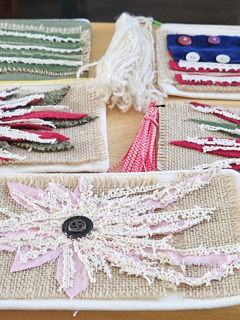 Five Handmade Burlap Cosmetic Bags with Pink, Red, Green Lace Floral Appliqué